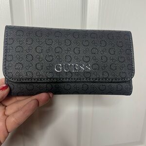 Guess Black Monogram Trifold Wallet with Silver Logo